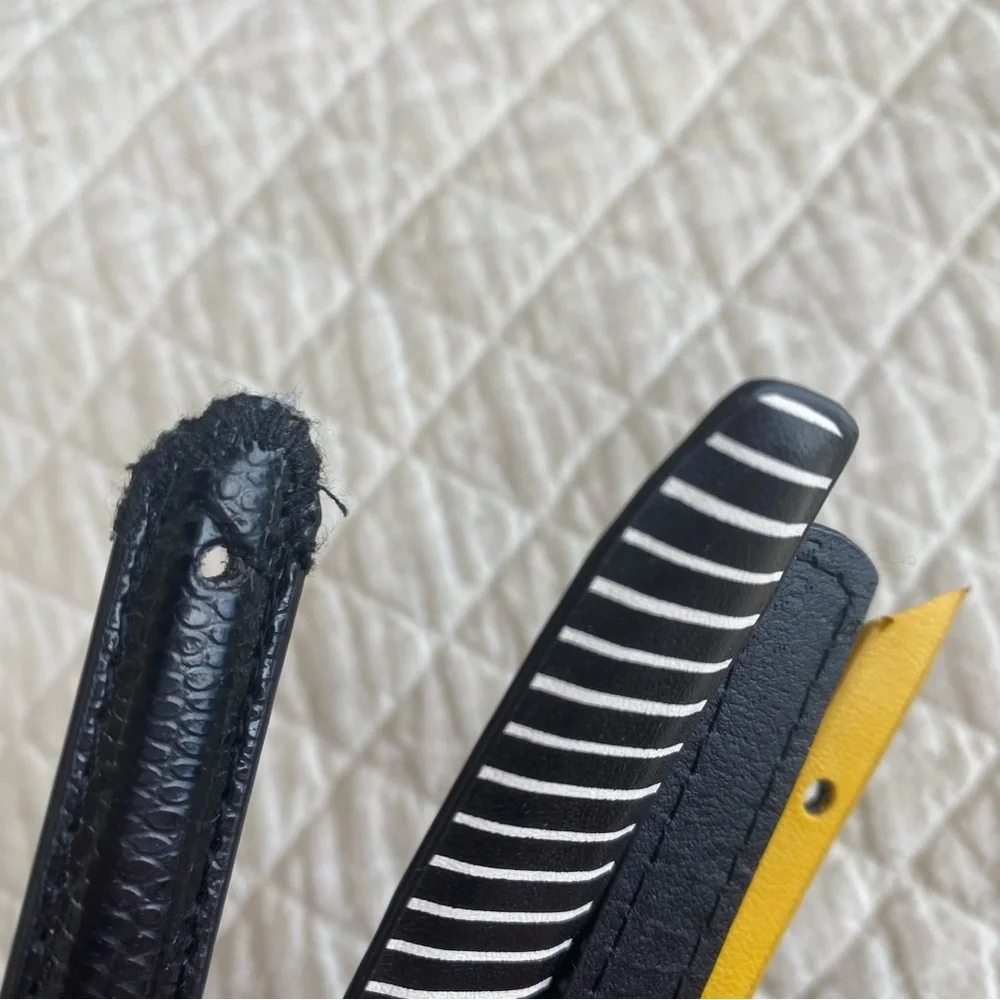 Bundle of 4 Classic Skinny Belts black, striped, yellow silver-tone buckle 30”